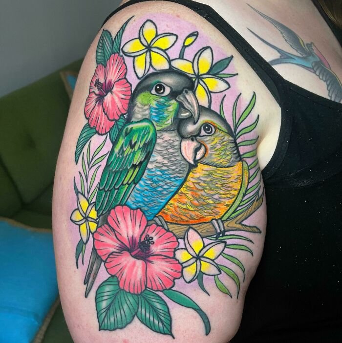 I Tattooed A Couple Of Conures On A Client Who Plans To Get A Full Sleeve Of All Her Parrots