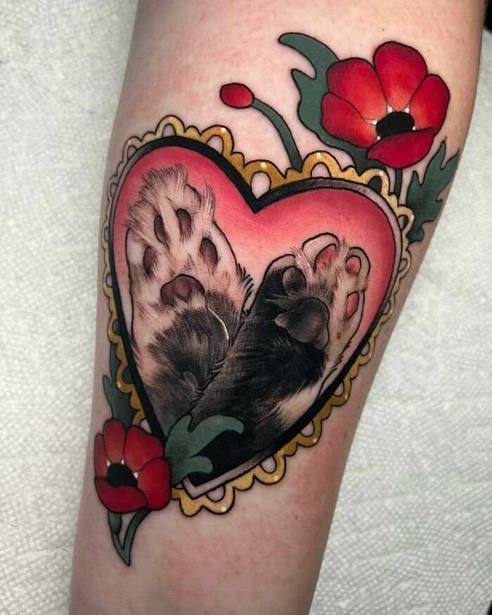 Tattoo Of Client’s Cats’ Paws In A Heart, Such A Sweet Idea